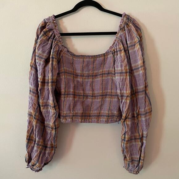 Free People Purple Plaid Puff Sleeve Babydoll Blouse Cropped Women's size Large - Picture 7 of 10